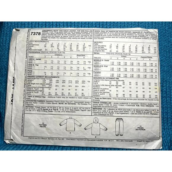 McCalls 7378 Sewing pattern Kids jacket top pull on pants size 6 - Picture 3 of 6